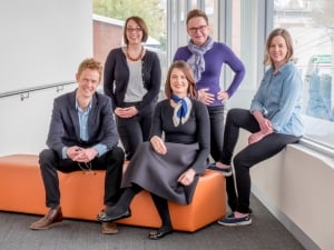 The Barwon Infants Study team, from left: Associate Professor Peter Vuillermin, Ms Catherine Lloyd-Johnsen, Ms Nakita Clements, Dr Fiona Collier and Ms Danielle Kennedy.