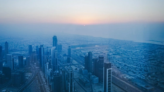 Aerial view of Dubai city scape at dusk