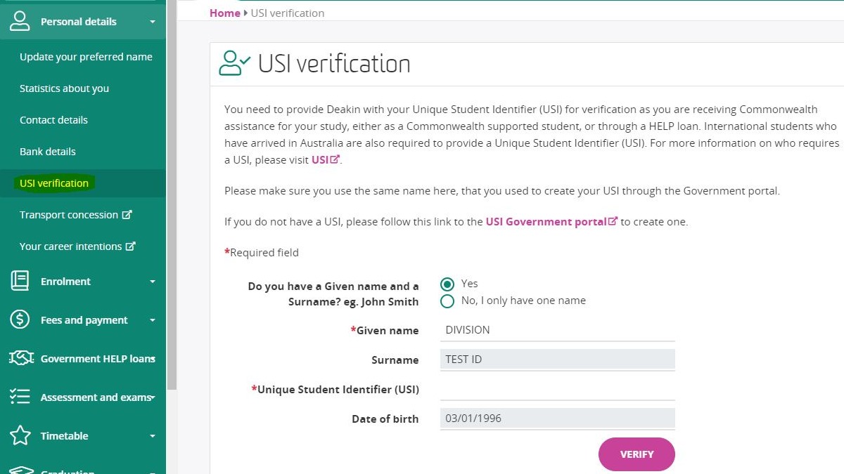 USI verification is located under Personal details in Student Connect