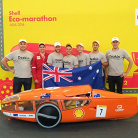 Deakin’s team in 2016's Shell Eco-marathon Asia competition wins third place with their vehicle.