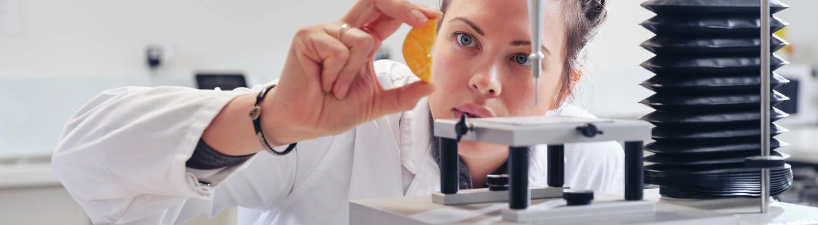 Deakin master of human nutrition student performs tests on slices of fruit in campus lab.
