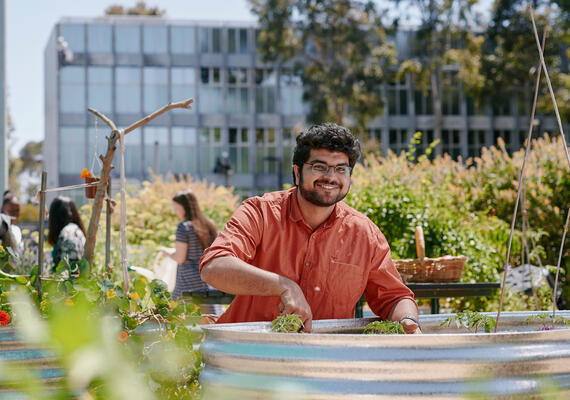 A horticulture student tends to a garden 