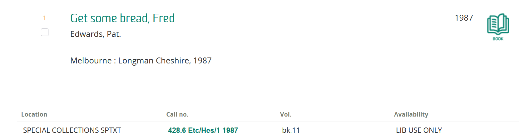 This image is a screenshot of a book in the Library catalogue, showing the location as "SPECIAL COLLECTIONS SPTXT", meaning it is from the Schools Textbook collection