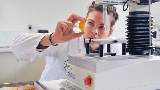 Deakin master of human nutrition student performs tests on slices of fruit in campus lab.