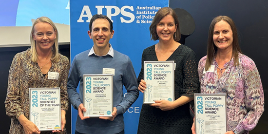2023 Victorian Tall Poppy of the Year Assoc. Prof. Delyse Hutchinson, and her fellow Deakin Tall Poppies Dr Michalis Hadjikakou, Dr Vicki Brown and Assoc. Prof. Rachel Laws 