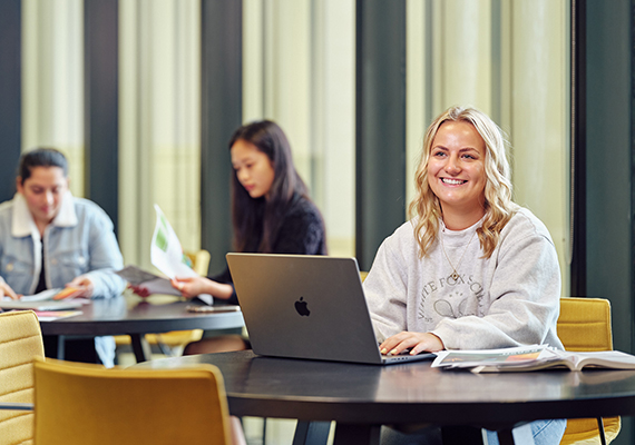 A. student in the Deakin library using a laptop