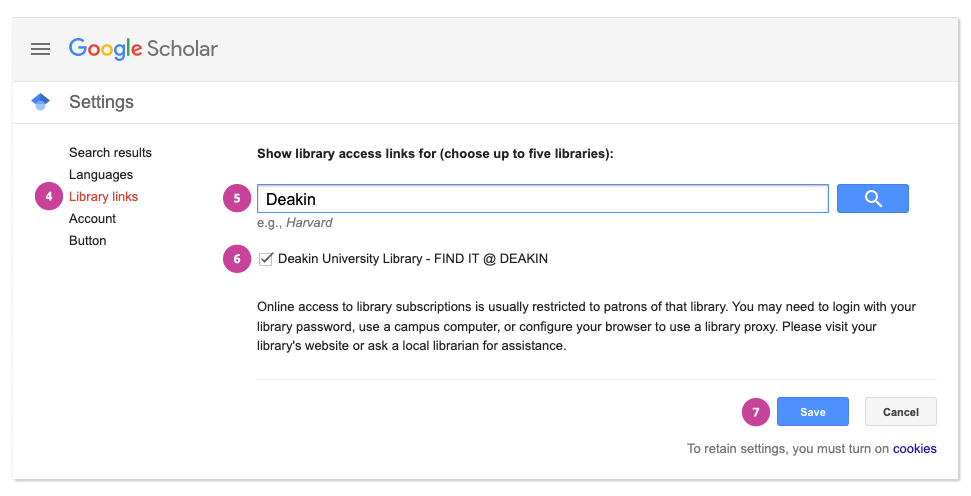 Screen capture of Google Scholar settings