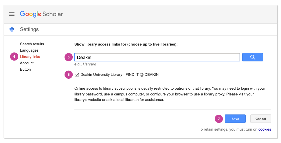 Screen capture of Google Scholar settings