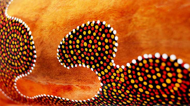 Indigenous artwork, dot painting in yellow, black, red and white