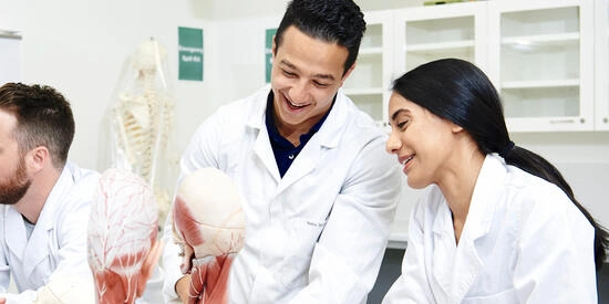 Deakin medical students looking at a model of a body
