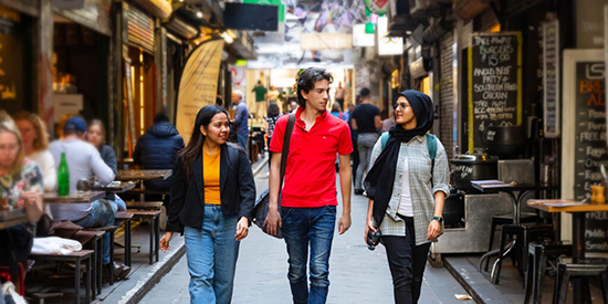 Three people walking in city