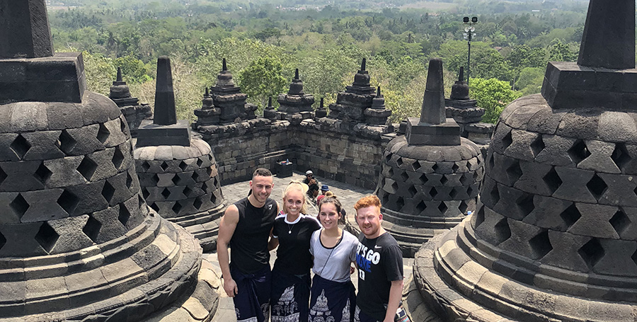 Deakin student simon bugeja at the borobudur temple in the jungle in Indonesia.