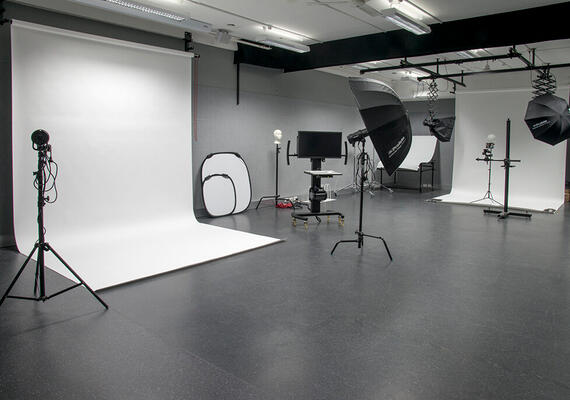 Professional photographic lighting studio and equipment at Deakin University.