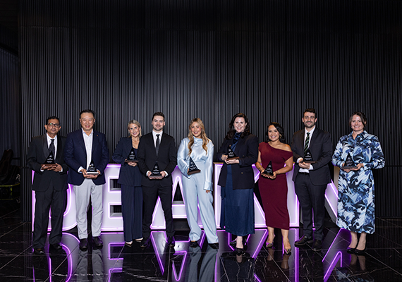 2026 Deakin University Alumni Award winners Jestin Palakal, Kelvin Ngow, Naomi McBride, Mike Monnik, Nastassia Nicolao, Jessica Redwood, Neary Ty, Dr Lucas Taranto and Nadia Teong