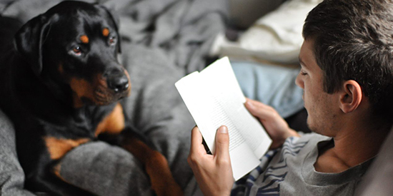 Damion Drapac reading with pet dog