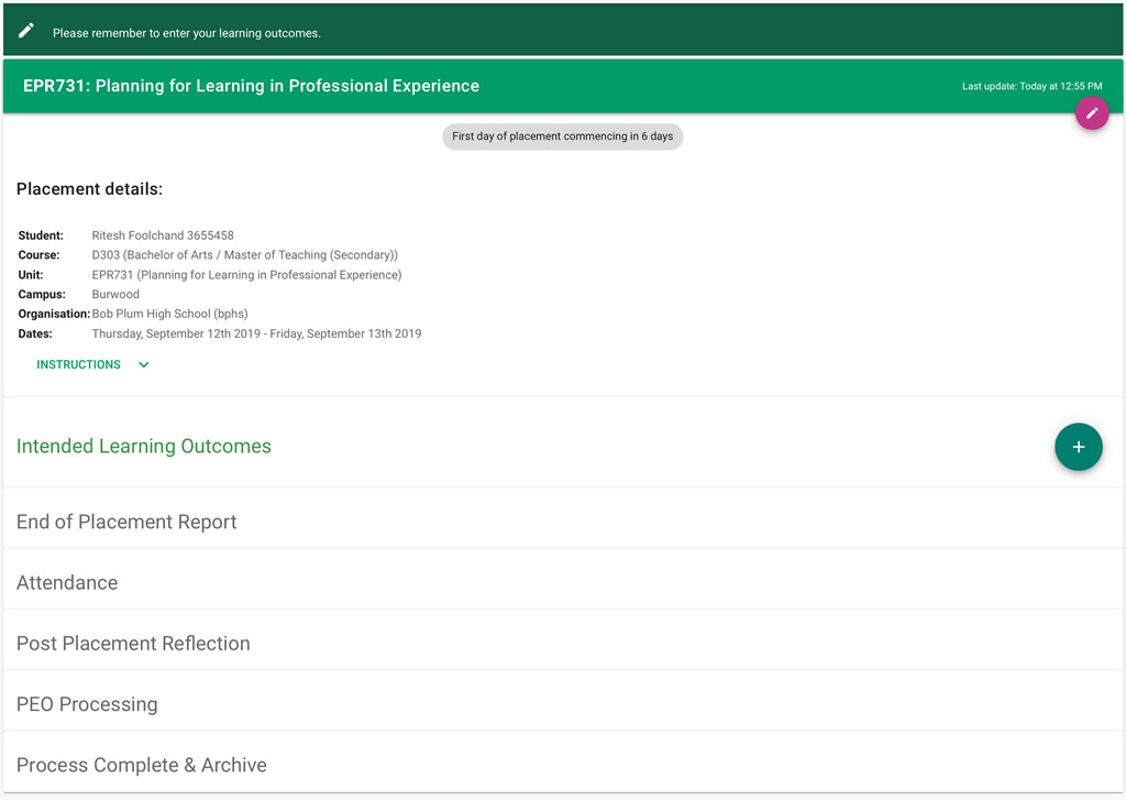 Image showing details and steps of your placement in PEER