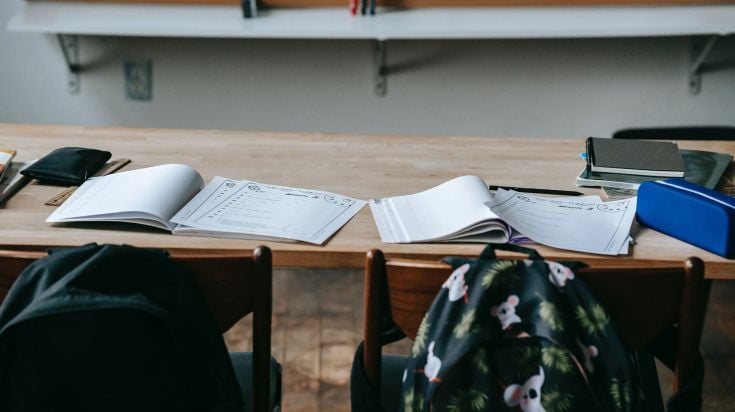 A desk with books open for studying