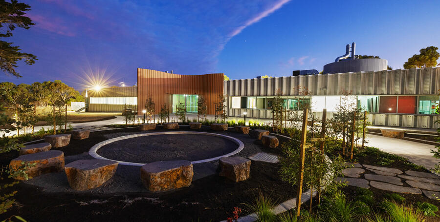 The exterior of the Deakin Hydrogen Hub, located at Deakin’s Warrnambool campus in Victoria’s south west in the evening.