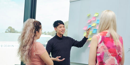 Three Deakin psychology students mapping ideas on a whiteboard with coloured post-it notes.