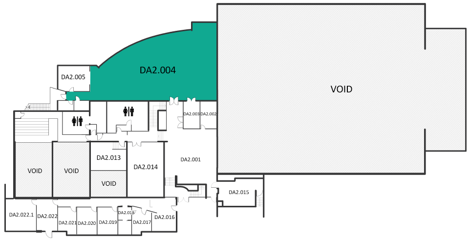 Map indicating the location of the rooms listed for Building DA level 2