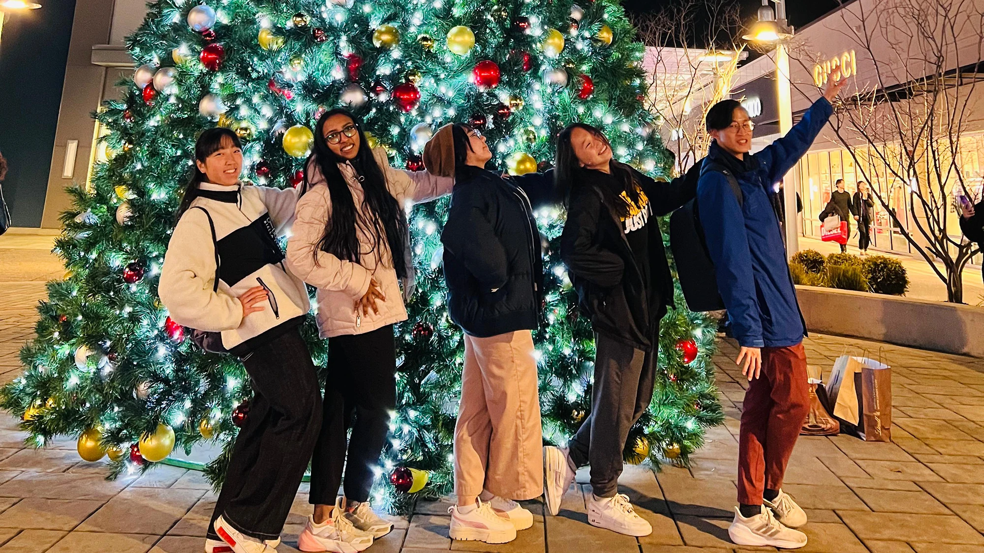 Kaviya and four friends pose standing in a line, smiling at the camera. They are in front of a Christmas tree, lit up in decorative lights and baubles.