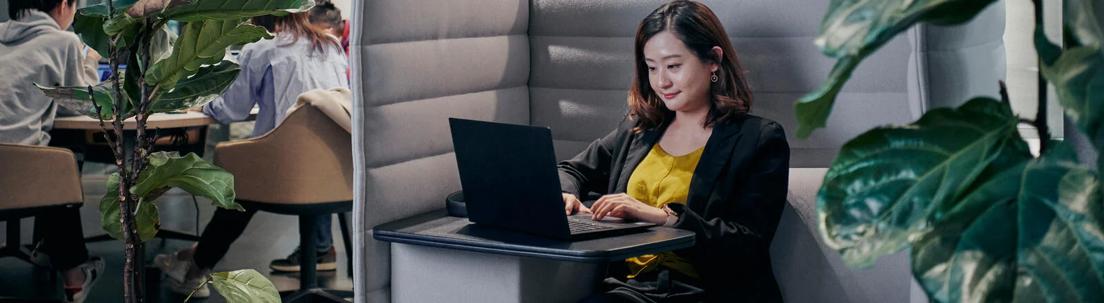Deakin master of politics and policy student sits at desk and works on laptop in office space.