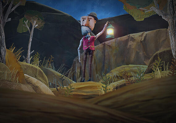 An animated image of a person holding a lantern in the woods at night, looking ahead.