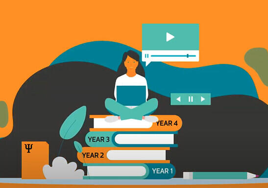 Stylised graphic of a student sitting on top of books.