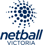 Stylised Netball Victoria text logo with blue dots in a circle. 