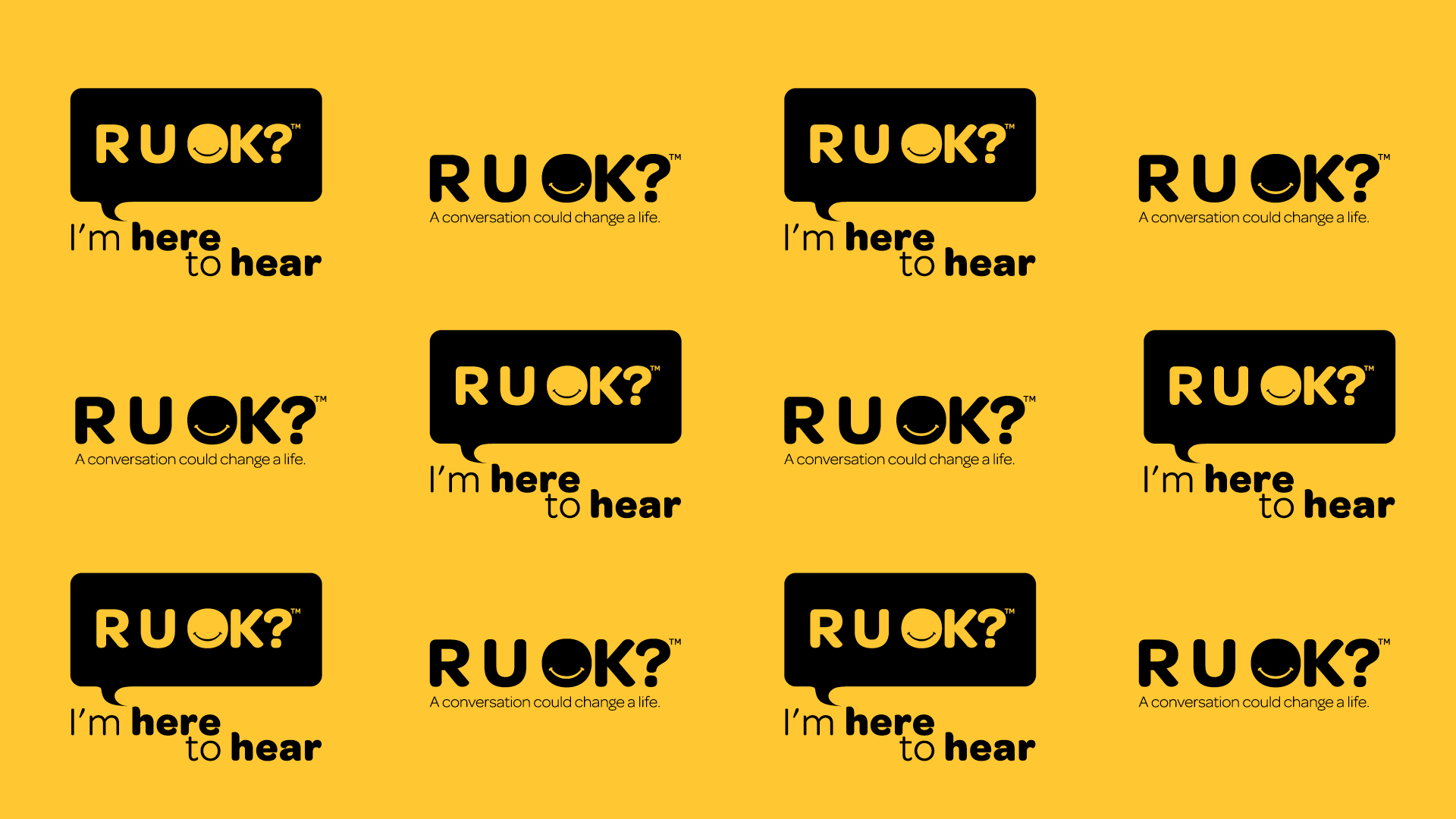 A yellow background with 12 different versions of R U OK?  in a grid formation