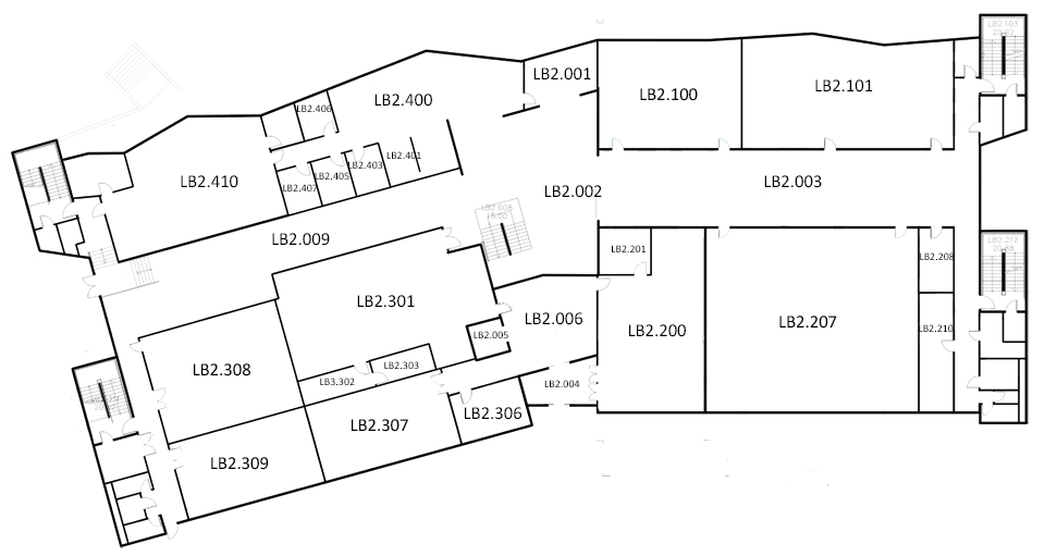Map indicating the location of the rooms listed for Building LB