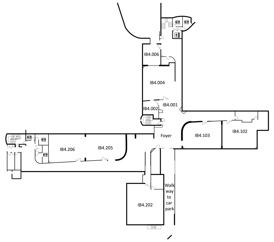 Map indicating the location of the rooms listed for Building IB, level 4