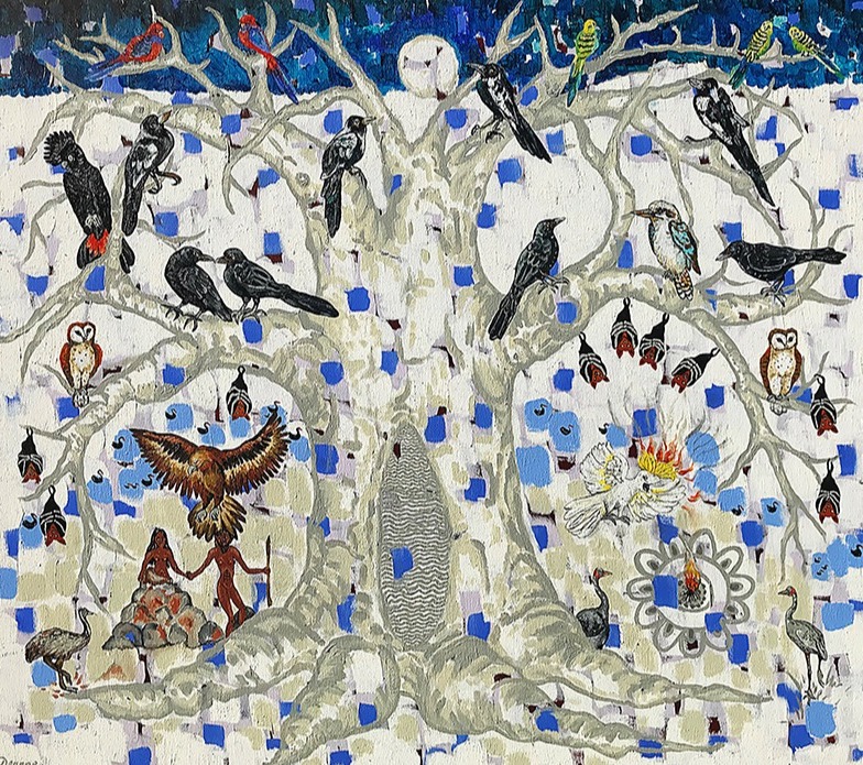Colourful painting of the Creation Tree filled with birds.
