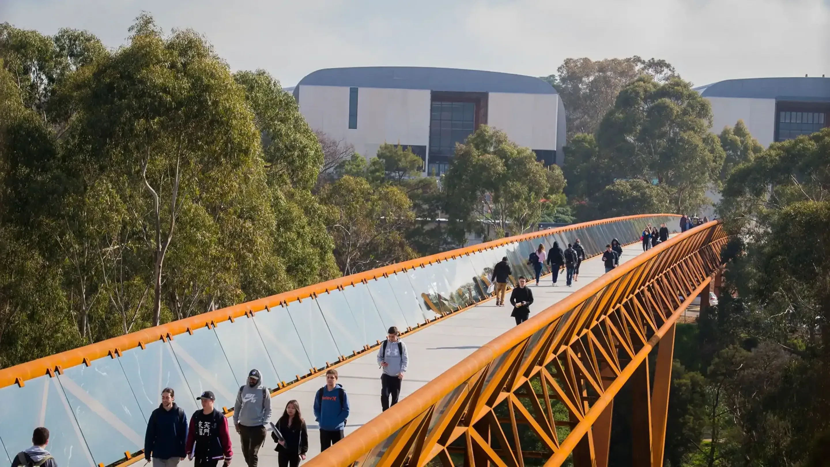 Students crossing link bridge.