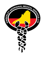 Logo for Kimberly Aboriginal Medical Services. Depicts the Indigenous flag with the medical serpent symbol. 