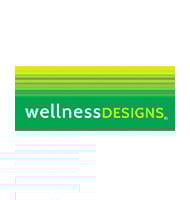 Wellness Designs logo. Image depicts Wellness Designs written in white and green font. The background is a gradient coloured rectangle.