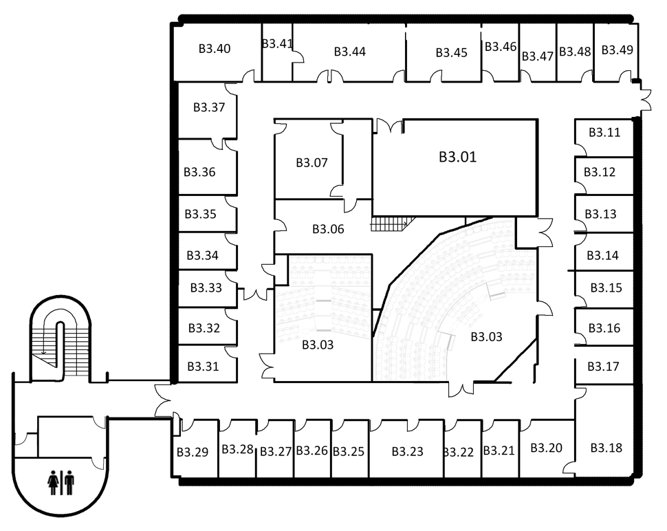 Map indicating the location of the rooms listed for Building B, level 3