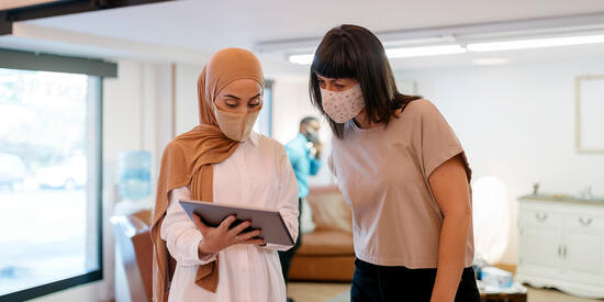 Students talking to each other in health setting