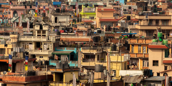 View of dense housing in a city.
