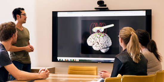 Deakin psychology staff sit around a large screen.