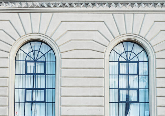 The facade of a historic building.
