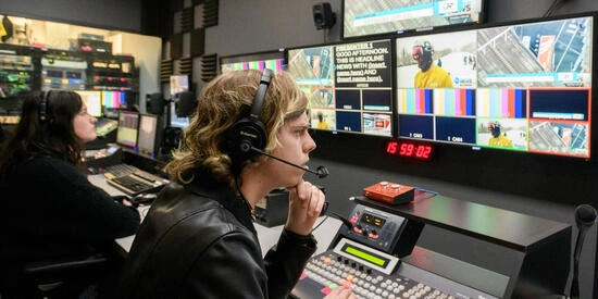 Students at Deakin Virtual Production Studios (Burwood) use the editing suite