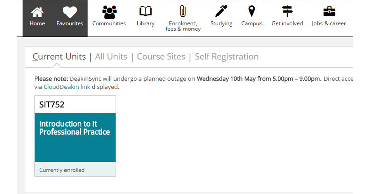 Screenshot of the FutureLearn page in Deakin's central student portal.