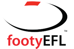 Stylised red, white and black footy EFL text logo with a football.