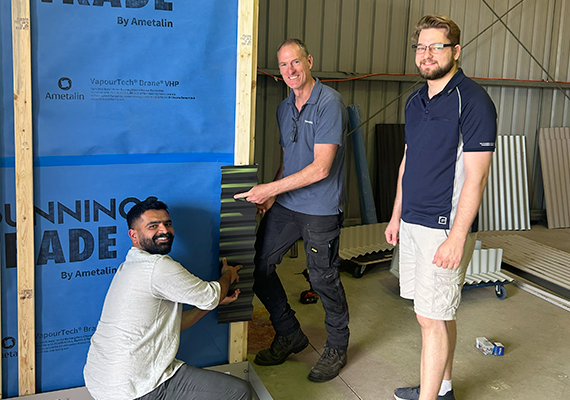 Jeet Bhuva, Marcus Decker and Matthew Dingle showing how FormFlow steel can be applied in warehouse
