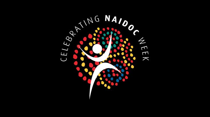 NAIDOC week logo surround by the works 'Celebrating NAIDOC Week' on a black background