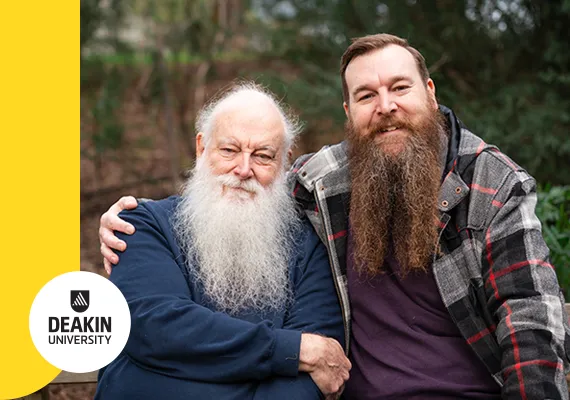 Bryan and Al on bench with Deakin logo overlaid