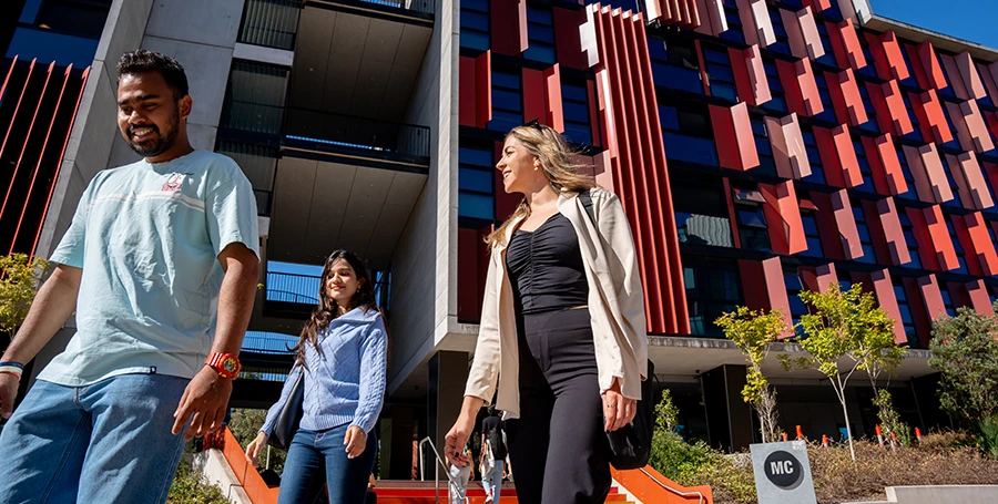 Deakin students outside Deakin Res at the Melbourne Burwood Campus.