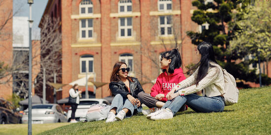 Three students talking on a lawn