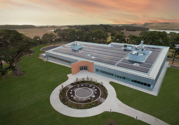 Aerial of the Deakin Hydrogen Hub building and surrounding property at sunset.